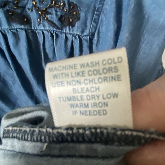 Tantrums Peasant Top Womens L Denim Embroidered Boho Babydoll Chambray - Picture 6 of 10